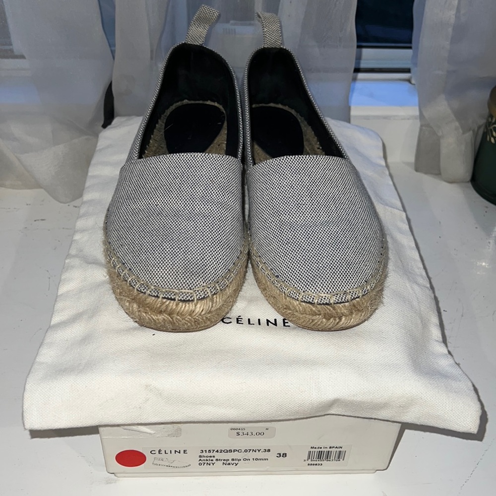 CÉLINE Navy Canvas Espadrille Flats With Leather Ankle Straps size 38 used